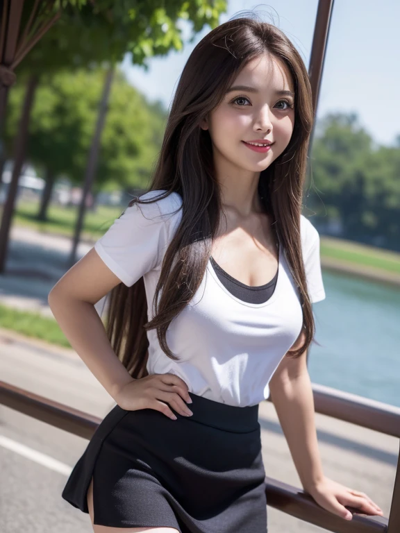 (Real photo, Realistic:1.4), Highest quality, masterpiece, 1 Girl, Small breasts、Cleavage, Dark brown long hair, Big eyes, smile, lips、Short T-shirt、Micro tight mini skirt、Blowing in the wind、Skirt flip、Lakeside、 smile