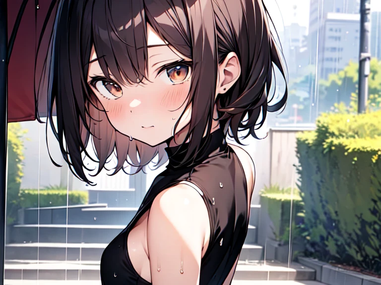Tears of joy, close up, overlook angle, look up, desert background, girl, embracing the rainwater with palms facing upwards, exaggerated performance, happy, tears, dynamic, masterpiece, best quality, dramatic tension, cinematic angle, rainy day, ray tracing, depth of field, delicate detail, luminism, highly detailed hyper realistic painting, concept art