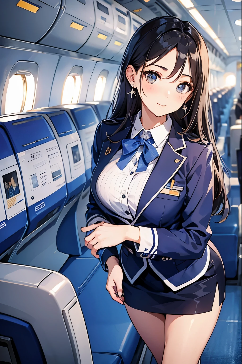 ((Ana_flight attendant, _uniform)),, (aircraft, aircraft seats), Cute face,, stewardess。Earrings、Sexy、Cabin attendant、Beauty、Sitting cross-legged、Thighs、Her chest is exposed、Serious expression