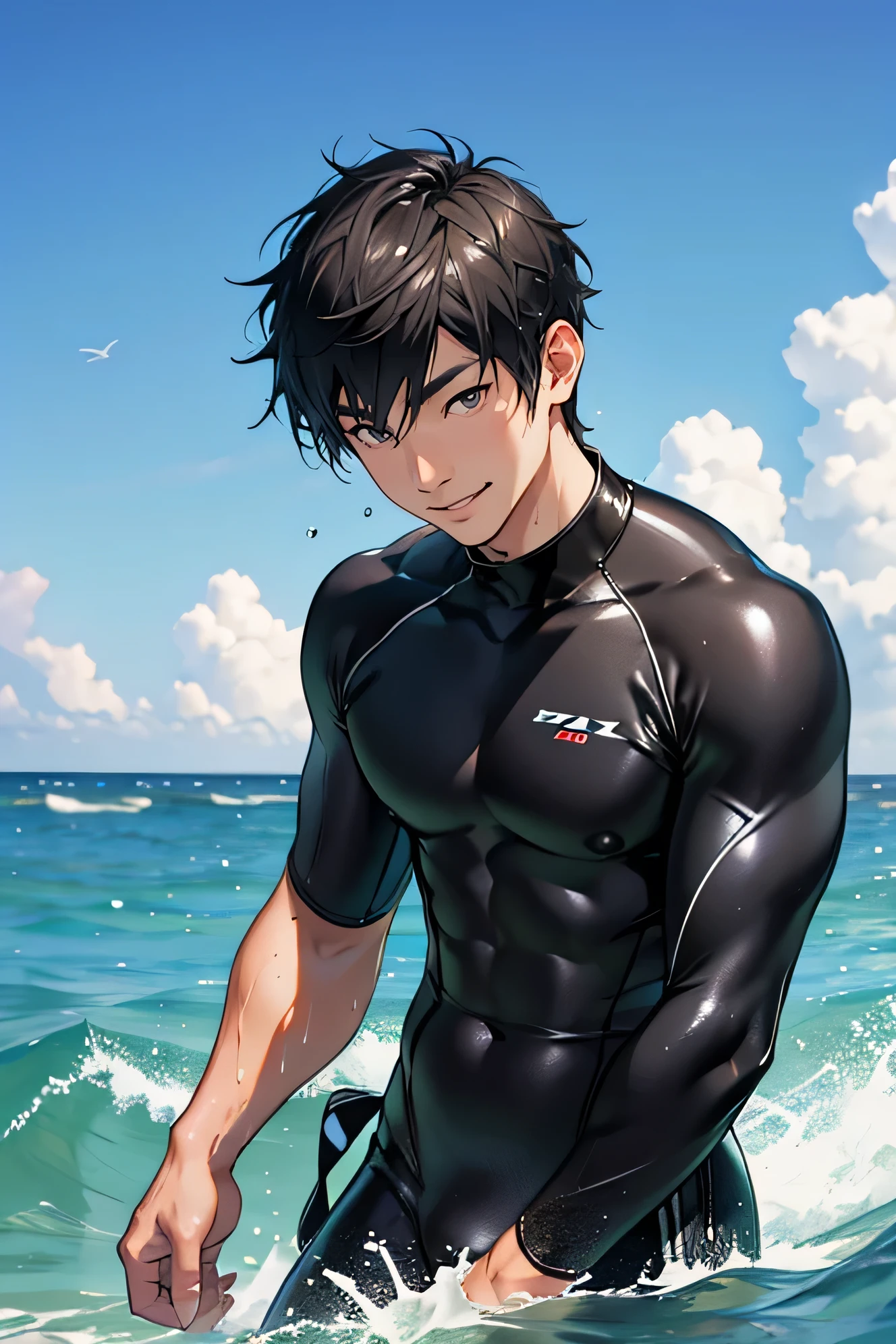 masterpiece,best quality,high quality,extremely detailed,(1 male austere handsome solo adult age 30 years old:1.5),(purple eyes, cool with suspended eyes), (8.5 head tall and 185cm tall with strong and fearless body,(well-groomed black short hair to neck:1.4), (bangs parted in thirds:1.4), (naked upper body with pectoral and rectus abdominis muscles:1.3), slender nose, facial muscles, (swimsuit:1.3), (hand on neck:1.3), (stylish pose),wry smile,(scowl:1.3), (ocean beach:1.3), blue sky, (full body:1.3)