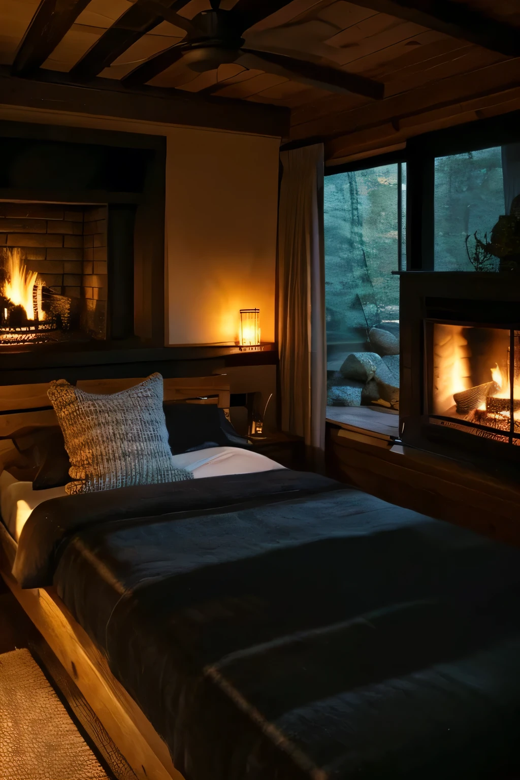 There is a small bed in front of the fireplace in the room., Cozy environment, Cozy and serene atmosphere, Cozy and calm, Cozy place, Cozy fireplace, Cozy atmosphere, Warm fireplace, Irori fireplace, Cozy rooms, Warm interior, Cozy living room, Warm living room, Designed for comfortable beauty!, Medium full shot, in a cabin