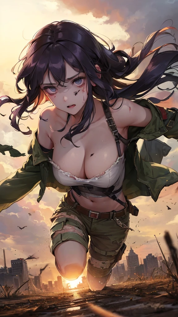 (Top resolution、Distinct_image)top-quality、A girl、​masterpiece、highly detailed, half body, Semi-realistic、grey eyes 、18year old、dark purple hair,young 、Exquisite facial features、Facial features ,variation potrait, big breasts, injured, ruined city background , long  hairstyles, zombies apocalypse, teenage, cool , cold sharp eyes, survivor,war soldier, An expression of despair., Torn clothes, destroyed clothes, damaged clothing, all dirty, dirty, dirt, lifeless eyes, blood on face, Battlefield and Destruction, bomb bomb, A distant plane drops a bomb., trench, tank, {Very detailed 8k CG unit wallpaper}, expansive landscape photography, (Low perspective, emphasizing the characters and setting), (Wide open field view), (Low-angle shooting), (high light : 1.0), (low beam: 1.5), (warm light source: 1.5), complicated details, (rainbow colors: 1.0), (Bright light), (Atmosphere light), Surreal, Dreamer, calm