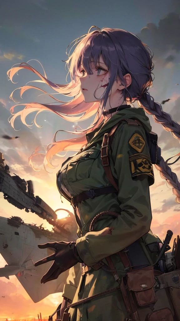 (Top resolution、Distinct_image)top-quality、A girl、​masterpiece、highly detailed, half body, Semi-realistic、grey eyes 、18year old、dark purple hair,young 、Exquisite facial features、Facial features ,variation potrait, big breasts, injured, ruined city background , long  hairstyles, zombies apocalypse, teenage, cool , cold sharp eyes, survivor,war soldier, An expression of despair., Torn clothes, destroyed clothes, damaged clothing, all dirty, dirty, dirt, lifeless eyes, blood on face, Battlefield and Destruction, bomb bomb, A distant plane drops a bomb., trench, tank, {Very detailed 8k CG unit wallpaper}, expansive landscape photography, (Low perspective, emphasizing the characters and setting), (Wide open field view), (Low-angle shooting), (high light : 1.0), (low beam: 1.5), (warm light source: 1.5), complicated details, (rainbow colors: 1.0), (Bright light), (Atmosphere light), Surreal, Dreamer, calm