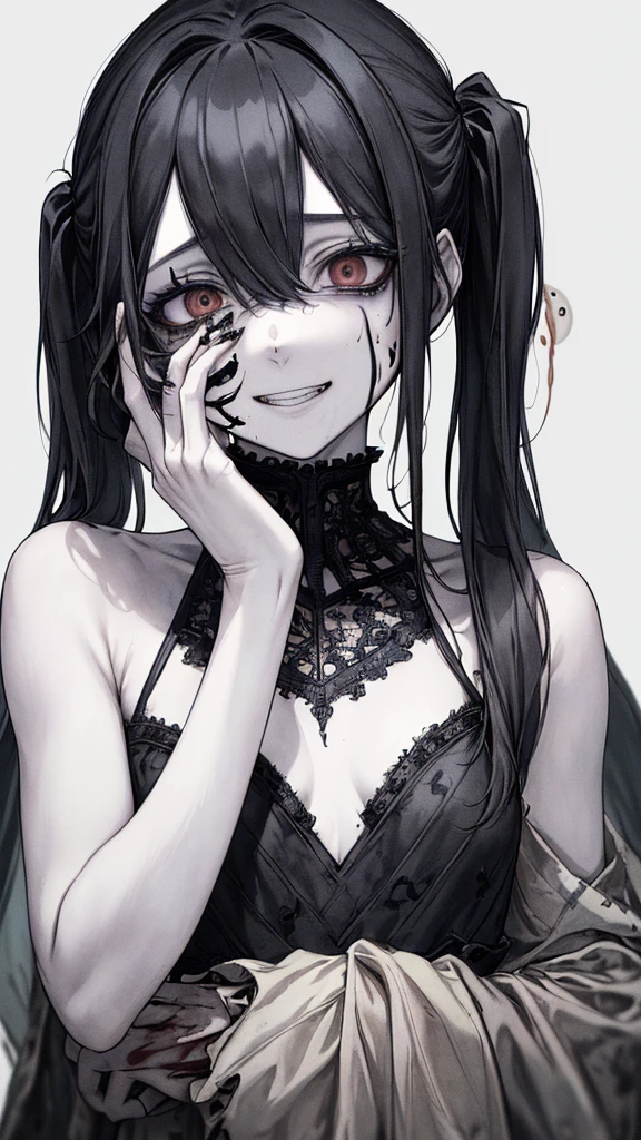 (masterpiece:1.2, Highest quality), (Actual Photos, Intricate details), (1 female, alone,whole body、 Small breasts) ,Scary atmosphere、Distorted facial expressions、Blood splatter、Cuts on the face、burns on the face、whole body、Punk Fashion、Long Hair、Long bangs、Twin tails、Black Hair、(((Dark circles under the eyes)))、Pale skin、Feeling unwell、Pathological、Wicked Smile、Crazy Eyes、(Grin)Dramatic makeup,Create mixed media art、White Background