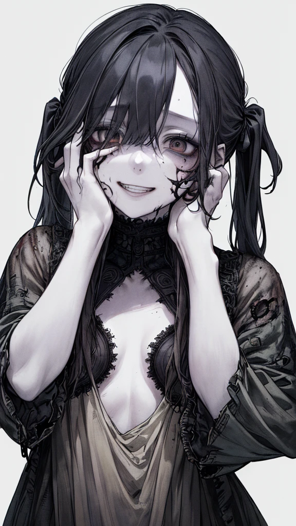 (masterpiece:1.2, Highest quality), (Actual Photos, Intricate details), (1 female, alone,whole body、 Small breasts) ,Scary atmosphere、Distorted facial expressions、Blood splatter、Cuts on the face、burns on the face、whole body、Punk Fashion、Long Hair、Long bangs、Twin tails、Black Hair、(((Dark circles under the eyes)))、Pale skin、Feeling unwell、Pathological、Wicked Smile、Crazy Eyes、(Grin)Dramatic makeup,Create mixed media art、White Background