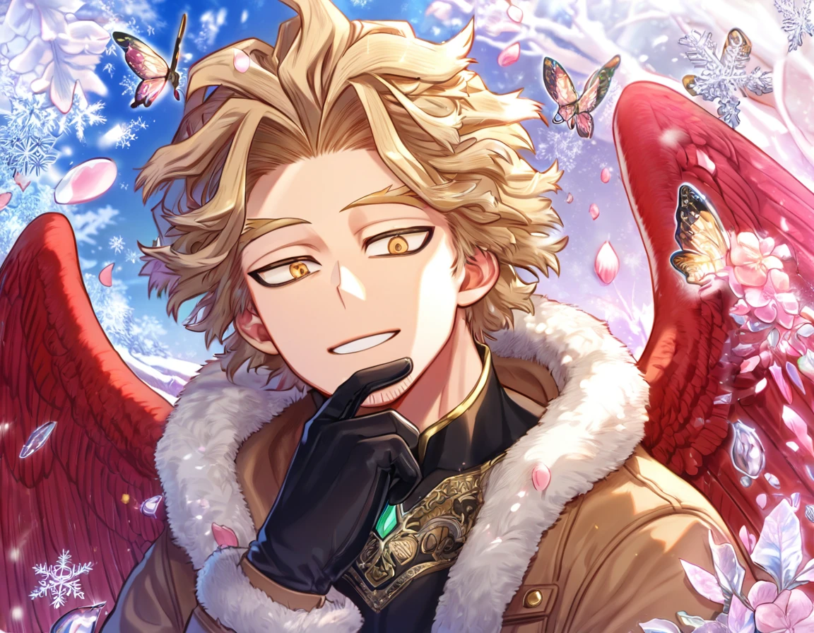 Ultra detailed, HDR, Highres, absurdres, master piece, Hawks, ash blonde hair, expressive brown-golden eyes, faint stubble, red wings, Boku No Hero Academia, brown coat with fur, black tight shirt, handsome, glass, ice glittering butterflies, ice, petals, pink ice glass flowers, glittering, water, fantasy, magical, snowflakes, cold, handsome smile, solo, black gloves
