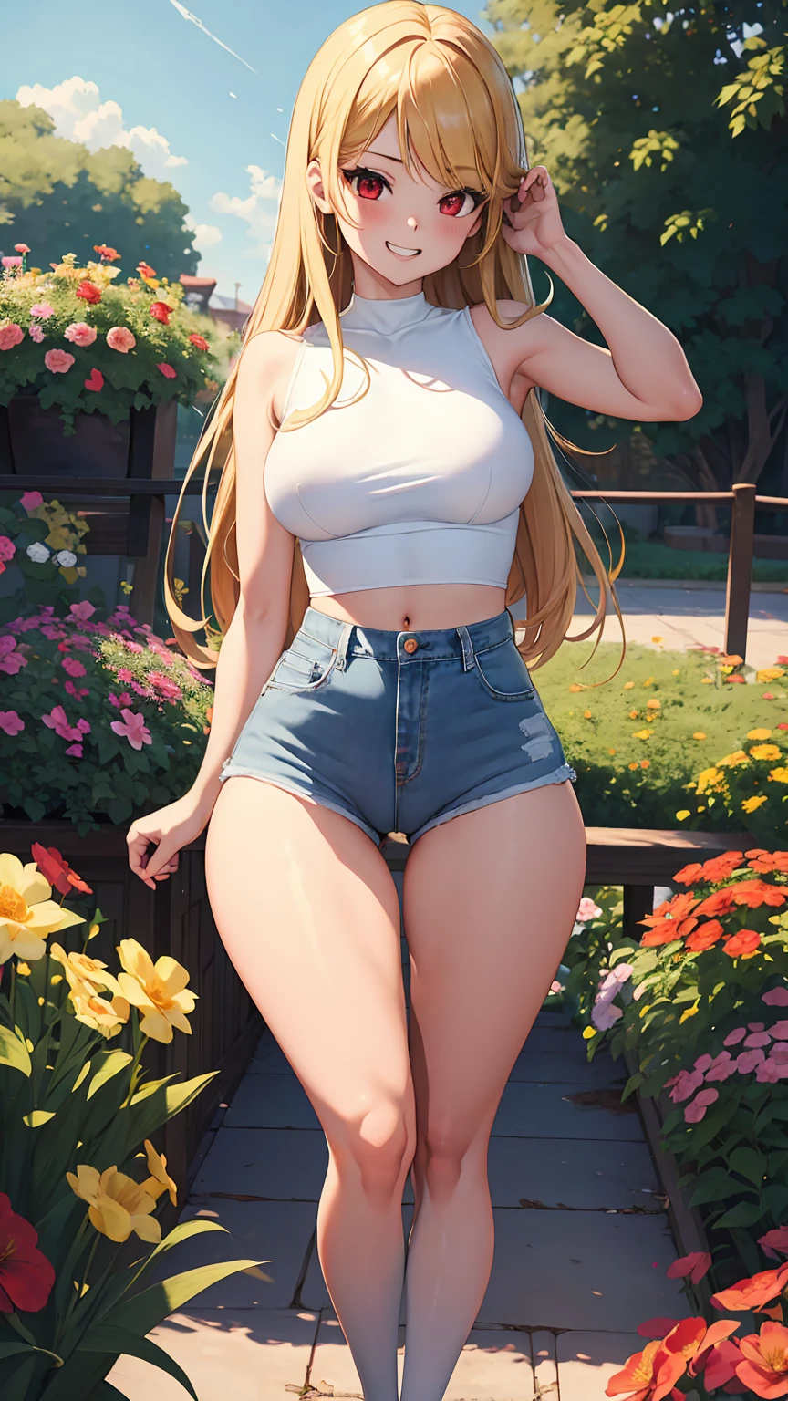 1girl, anime girl, anime, brunette, 2d girl, y, (fullbody), standing, anime girl, red eyes, grin, (long hair, blonde hair), casual shirt, Solo, Slim, Large Breasts, sfw, Tight Shorts, low waist shorts, upshorts, the garden background, flowers, afternoon sky, looking at viewer, darker shadows, (((explicit))), (((shorts))), (((absurdres))), (((thigh gap))), cameltoe, (((cameltoe))), (((cleft of venus))), (((sleeveless))),