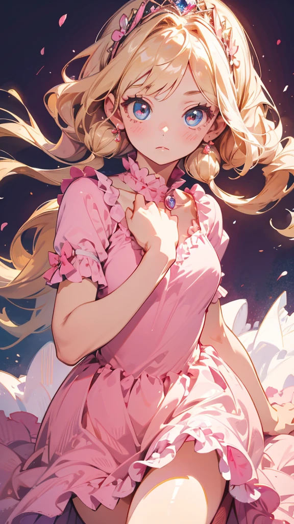 best quality, super fine, 16k, incredibly absurdres, extremely detailed, beautiful cute woman, shy, big shining eyes, blonde two-sided princess hairstyle, and a princess-like pink frilly long flared skirt dress, simple color background
