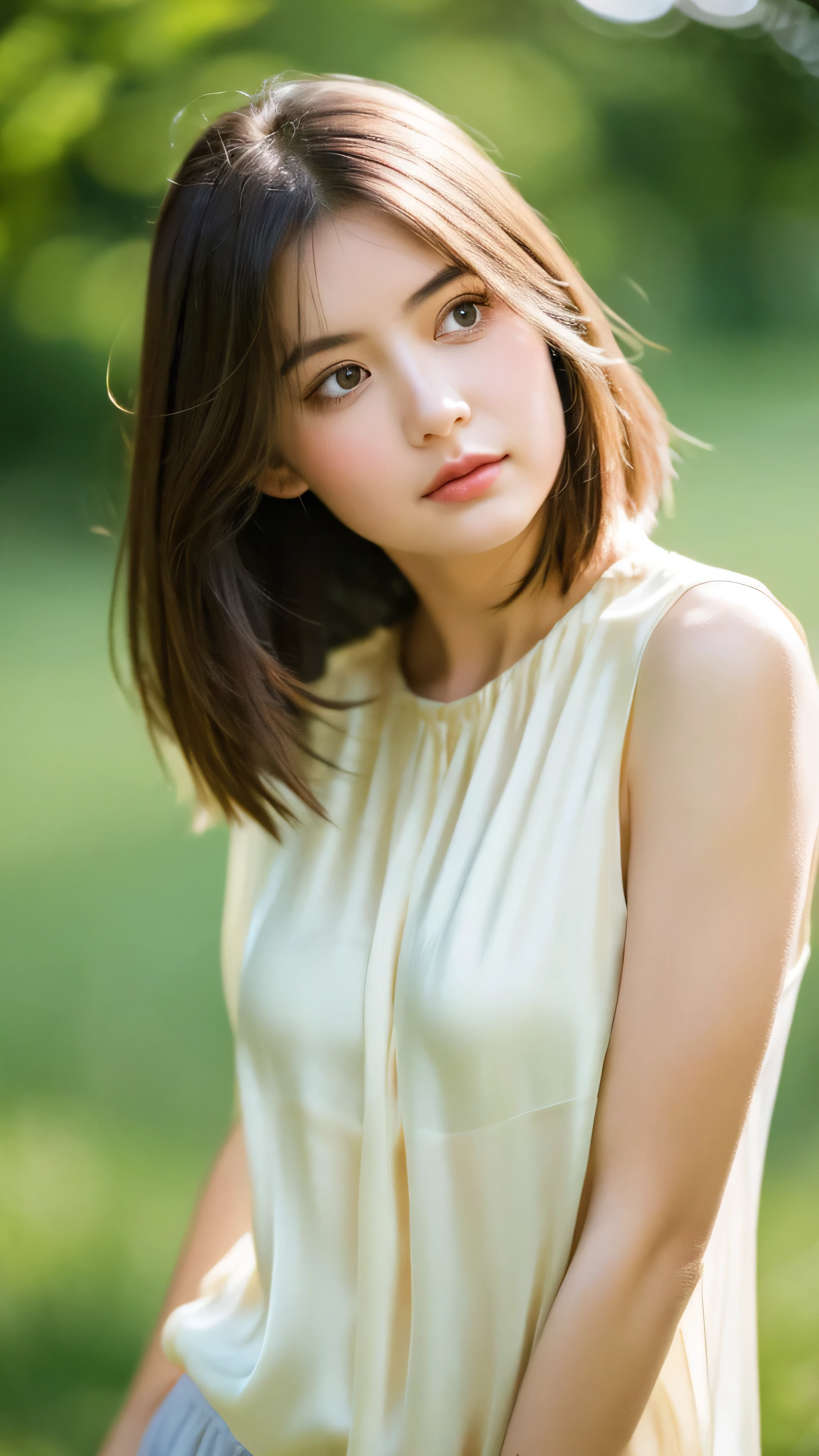 (Random Nationality):1.5, masterpiece, Highest quality, 8K, 20th Generation, (Large Breasts:1.2), cute, alone, sad, close, cute, Girlish, Delicate girl, Pure beauty, RAW Photos, Professional photography, Portraiture, Soft Light, Professional Lighting, Backlight, Upper Body, avert your eyes, Sophisticated, Film Grain, (Eyes and facial details:1.0), Beautiful straight hair, Hair swaying in the wind, Silk blouse, Random hairstyle