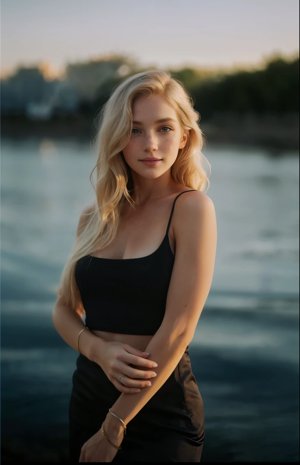 a one woman, americana, age 25, pale skin and freckles, grey-eyed, delicate nose, soft and delicate lips, distant, distant, wavy, waist-length blonde hair, Sweet smile, face with delicate feminine facial features, Highly Rendering, golden bracelet