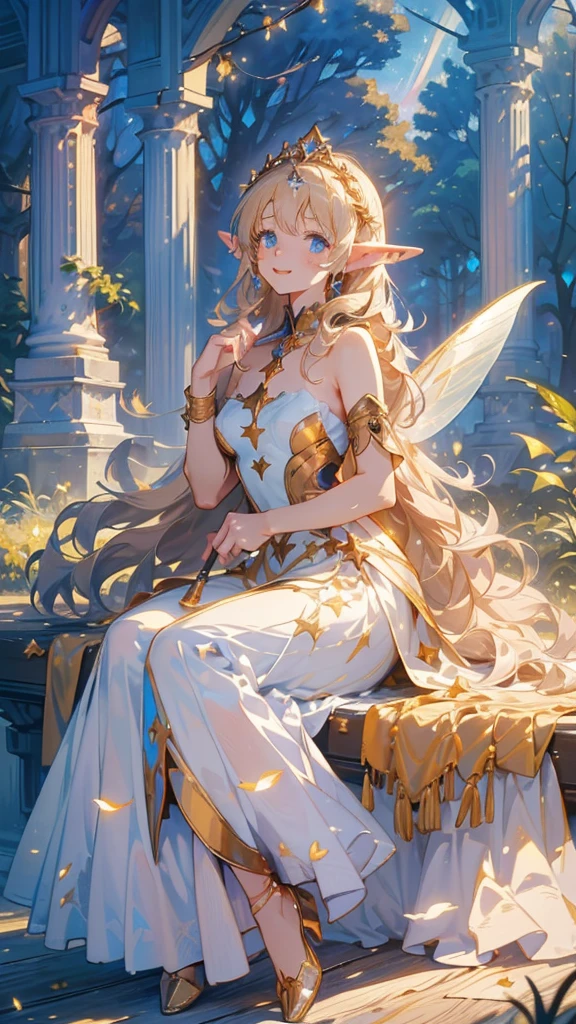 top-quality、Top image quality、masterpiece、The season is autumn、girl with((20yr old、Best Bust、big bast、Bust 90,Beautiful blue eyes、,Blonde long hair、A slender、Fairy feathers、In beautiful dresses of various colors、a closeup、sitting on、Magic cane、Gold ring on wrist、beautiful tiara、hiquality、Beautiful Art、Background with((starrysky)))masutepiece、visualart、depth of fields、sky at night、、 、low angles、A sexy、Elven ears、Feathers glow in iridescent colors、light magic、in beautiful woods、Big treeid night、Flute melodies🎵、Fun Concerts、Happy smile、Gentle light、Magic Palace