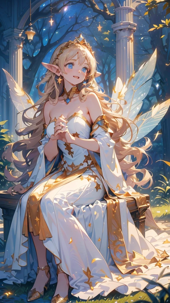 ((Superior quality, portraits, masterpieces, 8K wallpapers: 1.3)), man with long straight ash blond hair (((LONG BLOND HAIR))), blue eyes like diamonds (((BLUE EYES))), (((MALE FOCUS))) (((Fairy white wings on his back))) (((CHEERFUL LOOK))) sitting on a branch of a moeto tree, bioluminescent blue butterflies, dark hour, perfect shadows and reflections of the moon on the scene. white tunic, translucent, covered, clear clothing of God, CLOTHING COVERING HIS SKIN, TULLE TUNIC