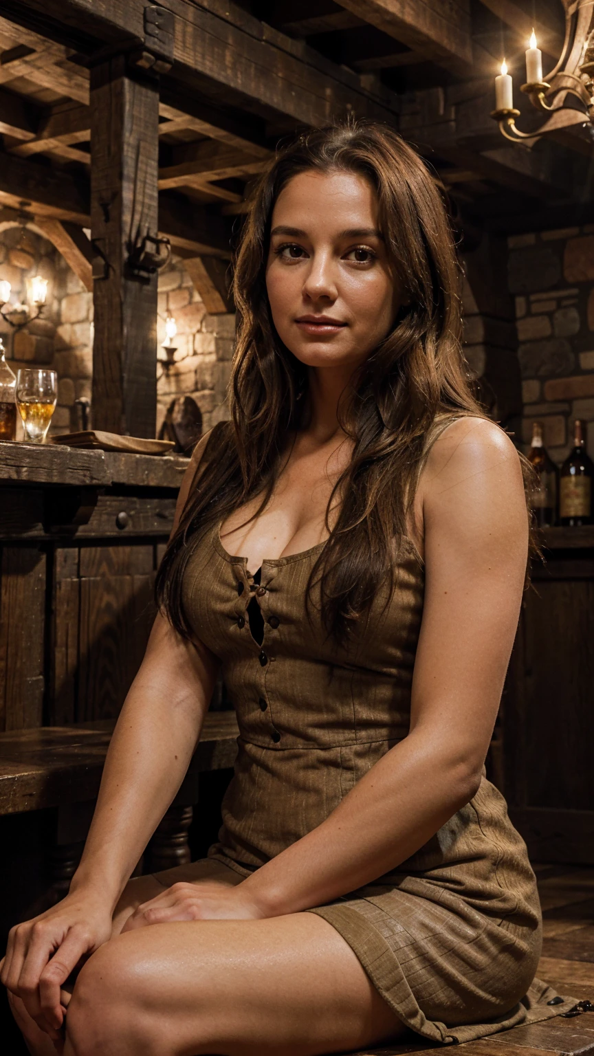 a woman in her mid-forties, sitting at a medieval bar, wearing a dingy-looking dress, long and very messy brown hair, unattractive and round face, full figure, soft smile, medieval tavern interior, brass candlesticks, wooden beams, cobblestone floor, warm lighting, oil painting style, highly detailed, photorealistic, dramatic lighting, cinematic composition, muted color palette