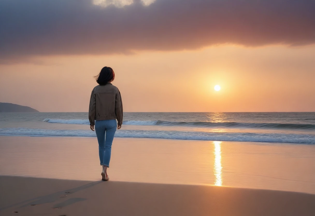 8K, Vivid picture quality, desolate long beach, Walking on the beach in the distance, short hair woman, red light of sunset, alone, afternoon, depressed, tide가 밀려온다, ocean, tide, wind, short korean woman, 잔잔한 tide, Perfect photos with vivid image quality, wearing a casual jacket and jeans, I took my shoes off in my hand..