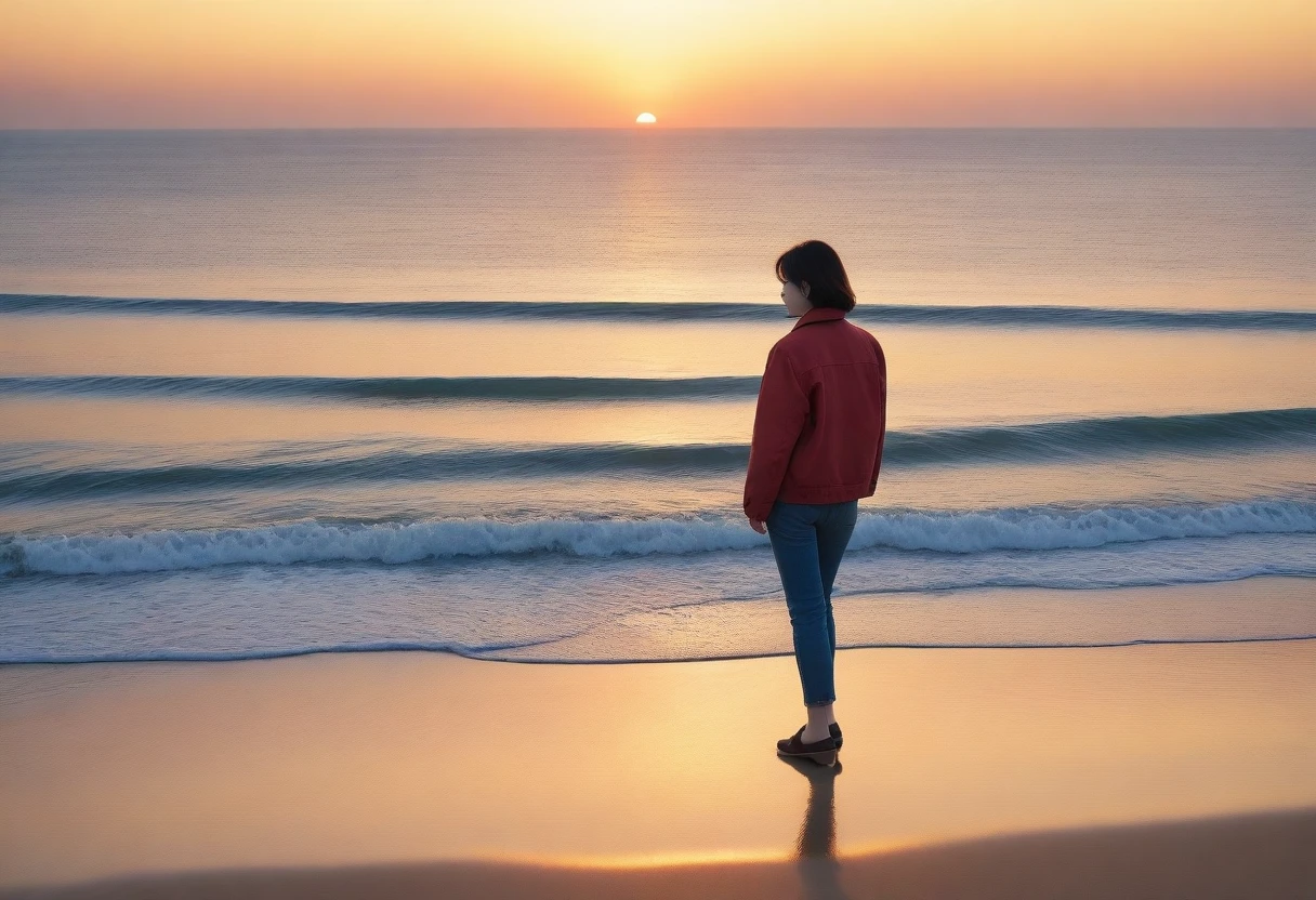 8K, Vivid picture quality, desolate long beach, Walking on the beach in the distance, short hair woman, red light of sunset, alone, afternoon, depressed, tide가 밀려온다, ocean, tide, wind, short korean woman, 잔잔한 tide, Perfect photos with vivid image quality, wearing a casual jacket and jeans, I took my shoes off in my hand..