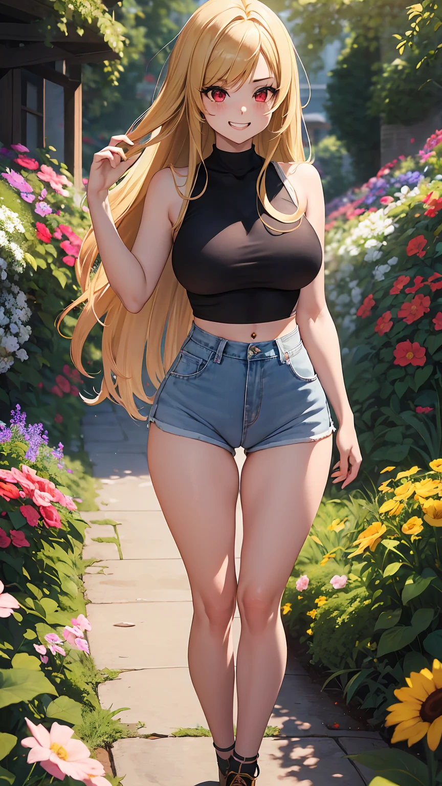 1girl, anime girl, anime, brunette, 2d girl, 16y, (fullbody), standing, anime girl, red eyes, grin, (long hair, blonde hair), casual shirt, Solo, Slim, Large Breasts, sfw, Tight Shorts, low waist shorts, upshorts, the garden background, flowers, afternoon sky, looking at viewer, darker shadows, (((explicit))), (((shorts))), (((absurdres))), (((thigh gap))), cameltoe, (((cameltoe))), (((cleft of venus))), (((sleeveless))),