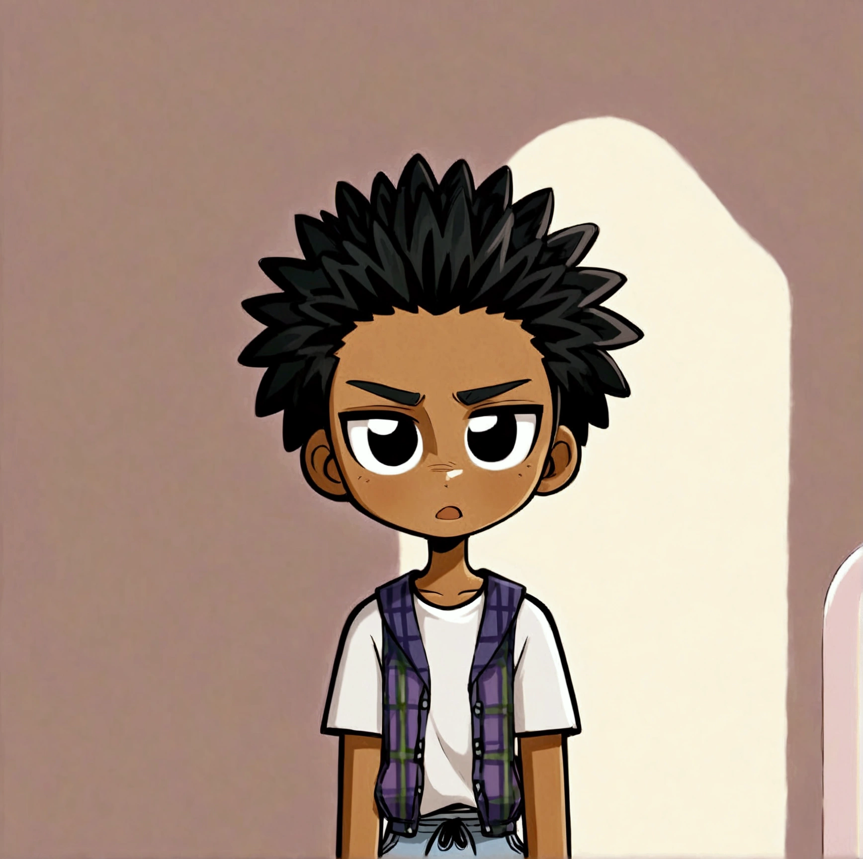 Creates a cartoon-style image depicting an African-American teenager with yellow hair , wearing a plaid tank top over a white t-shirt