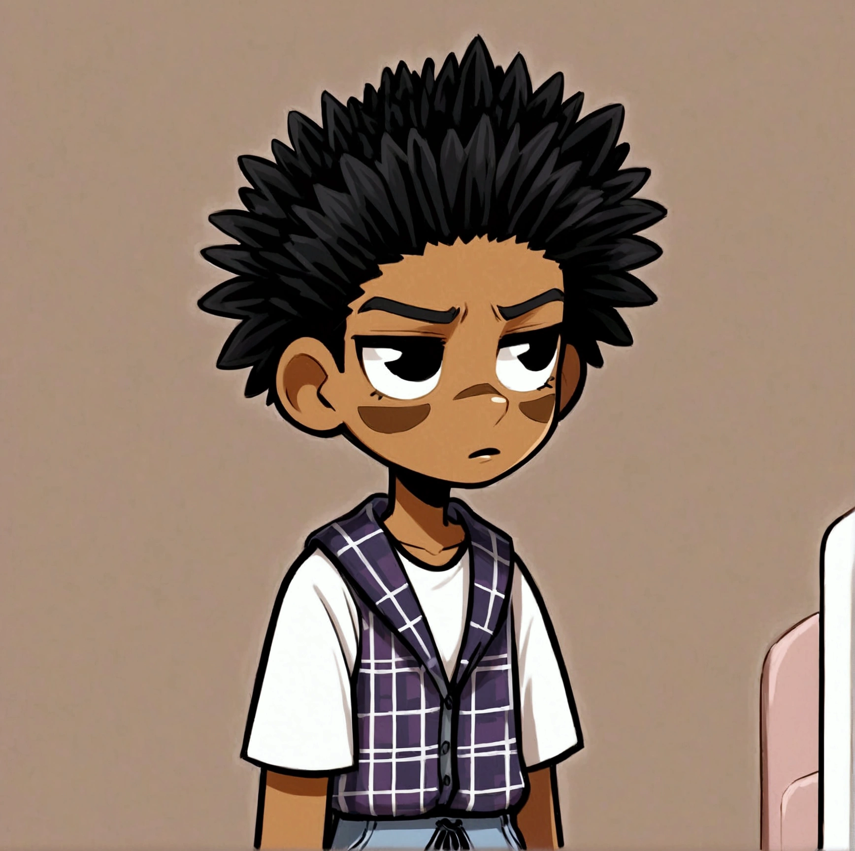 Creates a cartoon-style image depicting an African-American teenager with yellow hair , wearing a plaid tank top over a white t-shirt