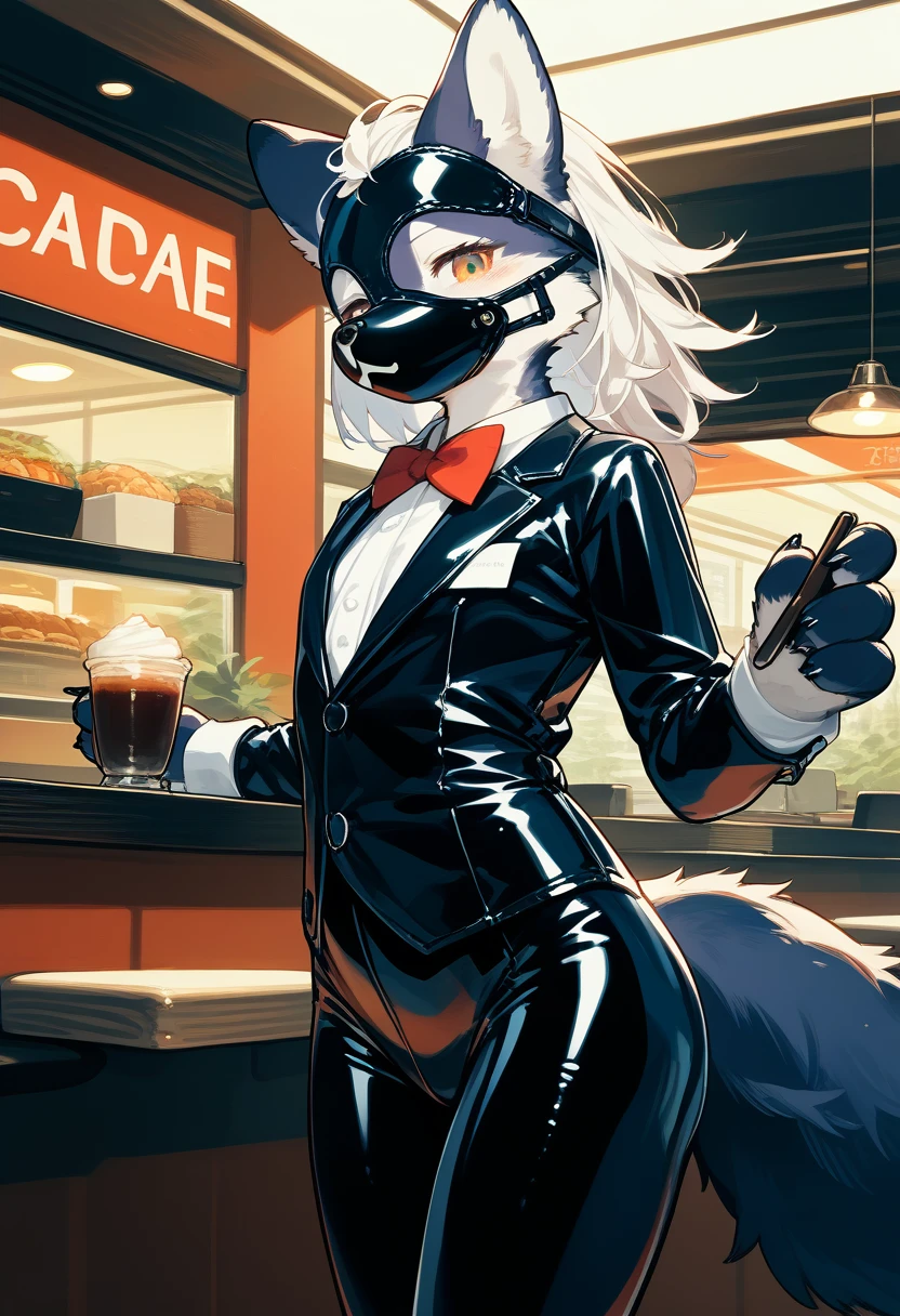 Highest quality, Highest quality, High quality illustrations, masterpiece, Ultra-high resolution, Detailed Background, Cafe, Absurd, Perfect Anatomy, performance, Good lighting, Shadows in the movies(kemono, Furry Personifi猫ion), Rubber suit, latex, Tuxedo, Rubber mask