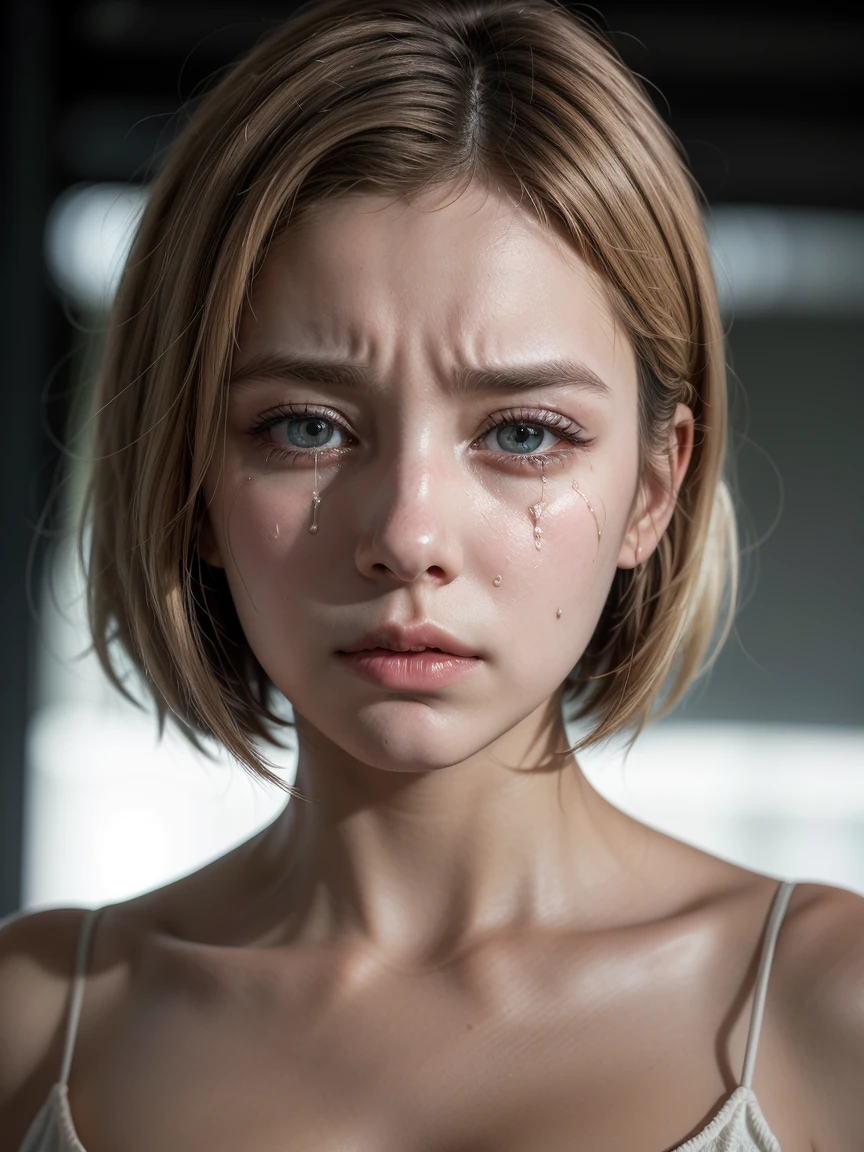 Romantic cinematic style, american shot, 4K resolution masterpiece, high quality of detailing, photorealista, with natural textures, chromatic aberration, high detailed of the beautiful and feminine facial features with crystal clear eyes full of sadness, The shot shows a young blonde woman with short hair, She is crying with a broken heart when she sees an old photograph., your sadness is great, with her tearful eyes half-closed, realistic colors but in sad and dull tones