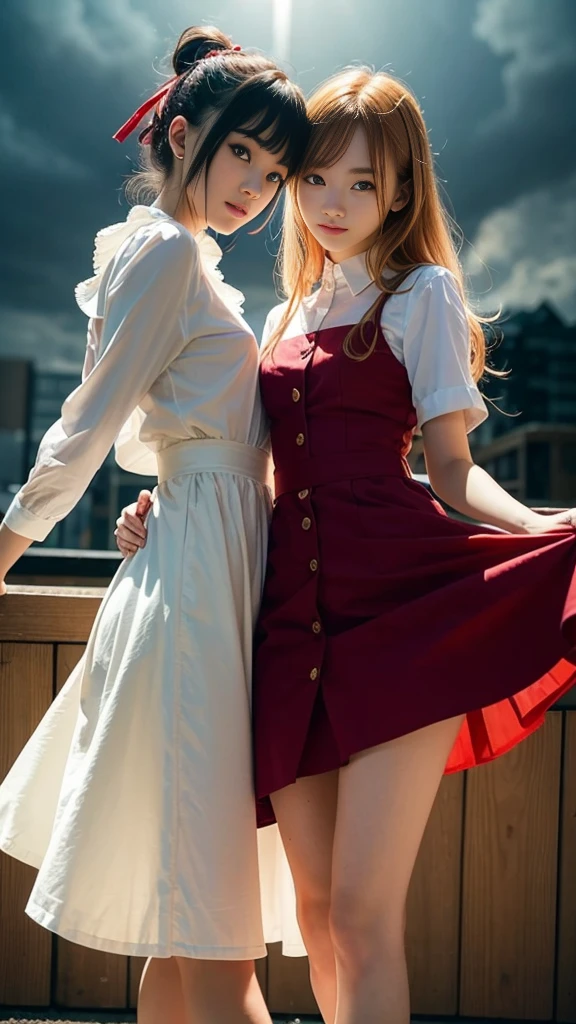 (Natural strawberry blonde and redhead girls with pretty faces), Cute pose, wearing a button dress, Atmospheric, Dark atmosphere, Edge lighting, Sayaka Yamamoto, Saito Asuka, Mao Akiyama's facial features, 8K, Full 体 portrait, Elegant outfit, Natural light, Spooky greenhouse at night, Sharp focus, (Highly detailed eyes and face:1.1, Professional photography techniques), (Beautiful small face:1.1, beautiful girl, high school student, Idol Face:1.2, Baby Face:1.4), smile, Happy, K UHD, Beautiful and soft skin, Vibrant Skin, blush, (Chirarizum:1.3, Unbutton the dress:1.5), ((Beautiful breasts:1.2, Cleavage)), (Small beautiful butt), (Detailed hands:1.1, The optimal ratio is four fingers to one thumb), Perfect proportions, (Perfect Anatomy:1.3), (Highest quality, Masterpiece, Highest quality, Ultra high definition, Photorealism:1.4), ((Touching each other's breasts:1.4)), (Beautiful hair blowing in the wind:1.4),天使と悪魔のbeautiful girl:1.2)