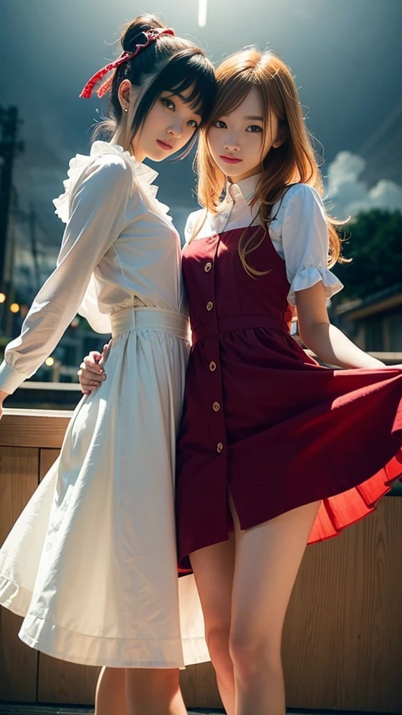(Natural strawberry blonde and redhead girls with pretty faces), Cute pose, wearing a button dress, Atmospheric, Dark atmosphere, Edge lighting, Sayaka Yamamoto, Saito Asuka, Mao Akiyama&#39;s facial features, 8K, Full 体 portrait, Elegant outfit, Natural light, Spooky greenhouse at night, Sharp focus, (Highly detailed eyes and face:1.1, Professional photography techniques), (Beautiful small face:1.1, beautiful girl, high , Idol Face:1.2, Baby Face:1.4)Happy, K UHD, Beautiful and soft skin, Vibrant Skin, blush, (Chirarizum:1.3, Unbutton the dress:1.5), ((Beautiful breasts:1.2, Cleavage)), (Small beautiful butt), (Detailed hands:1.1, The optimal ratio is four fingers to one thumb), Perfect proportions, (Perfect Anatomy:1.3), (Highest quality, Masterpiece, Highest quality, Ultra high definition, Photorealism:1.4), ((Touching each other&#39;s breasts:1.4)), (Beautiful hair blowing in the wind:1.4),天使と悪魔のbeautiful girl:1.2)