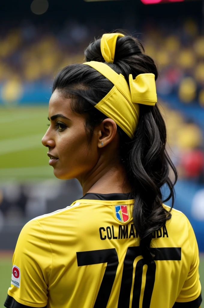 Muger from back black hair with yellow Colombia shirt name GINA number 10 in the stadium