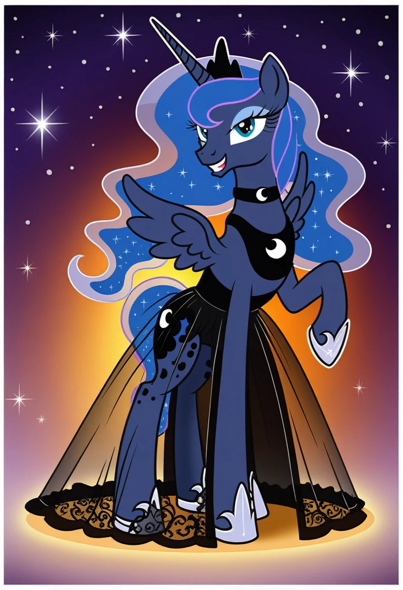 Pony . Black see trough dress with black choker, Princess Luna smiling 