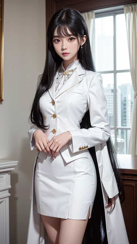 woman, กระโปรงสั้นwhite, คลุมเสื้อsuitwhite, skirt only, (สาวสวยTwo meter long hair, my hair is very long., extra long hair, long black hair), (suitสไตล์อิตาลี, suitสองปุ่ม), (Italian suit, white suit, Set of two buttons), (ใส่suitwoman, Business woman'suit, white), (suitwomanwhite), (เสื้อเชิ้ตwhite), necktie, (necktieสั้นสีดำ, necktieสีดำ, necktieผอม, ถักnecktie), (military rank insignia), (Short pencil skirtwhite), (Dynamic posts), full body, (A gigantic rift), (big breasts, thin body, small waist, hips raised, small thighs, Long legs), high-heelsสีดำ, (Short pencil skirt, white), Wearing a suit for a business woman, (Wearing a white businessuit, suitนักธุรกิจหญิงwhite), (tight, military regalia, เสื้อwhite, กระโปรงwhite), (black shoes), (Two gold suit buttons, Two meter long hair, suitเข้ารูป, เสื้อsuitwhiteทรงธรรมดารัดรูป), (black shoes, high-heels), (stand, walk, elegant gesture, Dynamic posts), short dress, earring, garden, monument