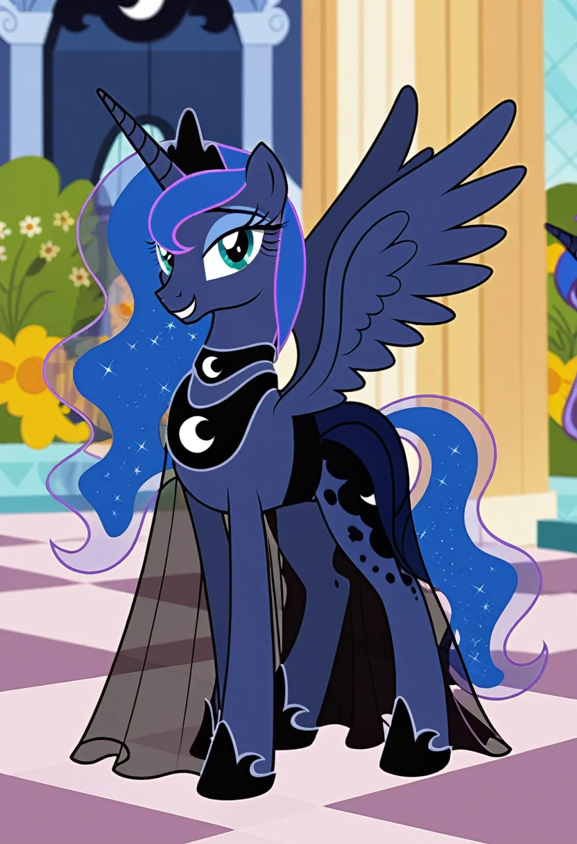 Pony . Black see trough dress with black choker, Princess Luna smiling 