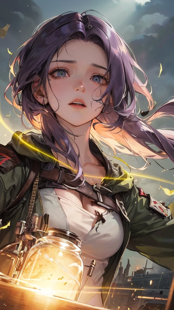 (Top resolution、Distinct_image)top-quality、A girl、masterpiece、highly detailed, half body, Semi-realistic、grey eyes 、18year old、dark purple hair,young 、Exquisite facial features、Facial features ,variation potrait, big breasts, injured, ruined city background , long hairstyles, zombies apocalypse, age, cool , cold sharp eyes, survivor,war soldier, An expression of despair., Torn clothes, destroyed clothes, damaged clothing, all dirty, dirty, dirt, lifeless eyes, blood on face, Battlefield and Destruction, bomb bomb, A distant plane drops a bomb., trench, tank, {Very detailed 8k CG unit wallpaper}, expansive landscape photography, (Low perspective, emphasizing the characters and setting), (Wide open field view), (Low-angle shooting), (high light : 1.0), (low beam: 1.5), (warm light source: 1.5), complicated details, (rainbow colors: 1.0), (Bright light), (Atmosphere light), Surreal, Dreamer, calm