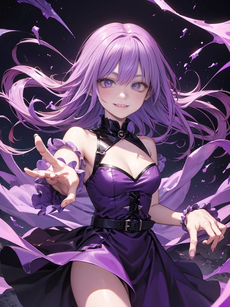 ghost, (monster girl), purple skin, Spike, spiky purple hair, smile with fangs, floating hand, In a dark purple dress, floating in the air, Masterpiece, of the highest quality