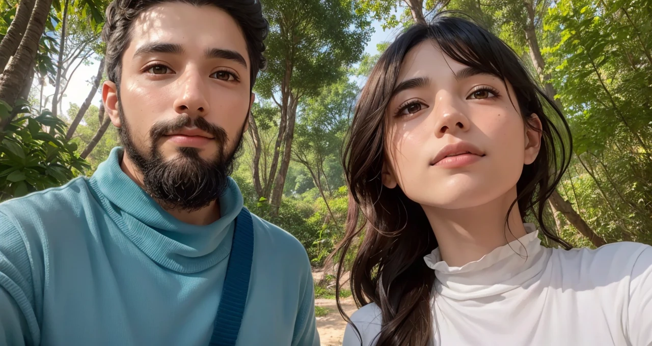 Vibrant forest scene, colorful trees in varied hues, deep blue sea backdrop, a loving couple in their twenties, young woman with sandy brown hair, bluish-gray eyes, short stature, delicate freckles, young man with short dark black hair, long black fish beard, Middle Eastern features, wheat complexion, dark brown eyes, athletic build, romantic expressions, lush greenery, rich blue sea, detailed natural setting, warm and inviting ambiance, genuine emotions, digital painting, high resolution, bright and vibrant color palette, soft natural lighting.