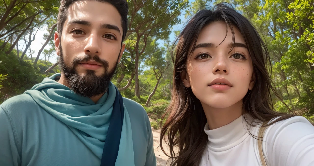 Vibrant forest scene, colorful trees in varied hues, deep blue sea backdrop, a loving couple in their twenties, young woman with sandy brown hair, bluish-gray eyes, short stature, delicate freckles, young man with short dark black hair, long black fish beard, Middle Eastern features, wheat complexion, dark brown eyes, athletic build, romantic expressions, lush greenery, rich blue sea, detailed natural setting, warm and inviting ambiance, genuine emotions, digital painting, high resolution, bright and vibrant color palette, soft natural lighting.