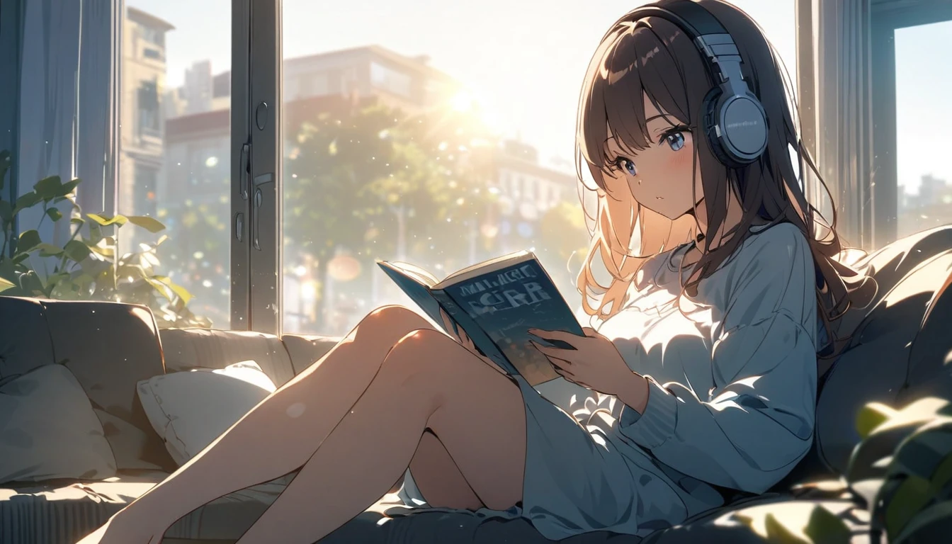 Girl sitting on sofa reading a book,In front of a large window,Morning sunlight,Streetscape、listen to music、