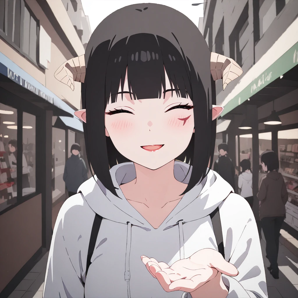 (masterpiece,  ultra-detailed,hi-res,8K), 1girl ,indoor,look at viewer,   TorcherTorture, upper body,shopping street,smile,close eyes,reach out  hand,face mark,black hair,hoodie