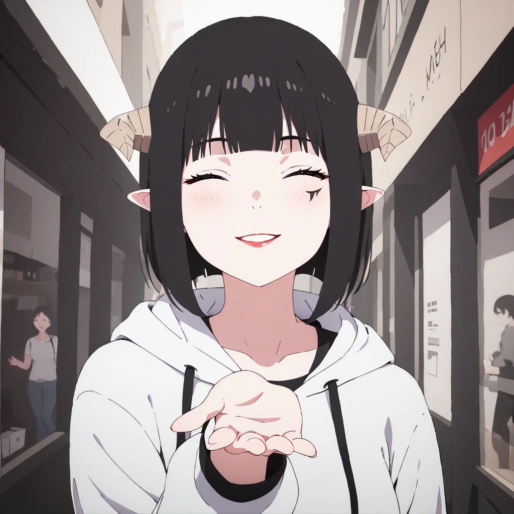 (masterpiece,  ultra-detailed,hi-res,8K), 1girl ,indoor,look at viewer,   TorcherTorture, upper body,shopping street,smile,close eyes,reach out  hand,face mark,black hair,hoodie