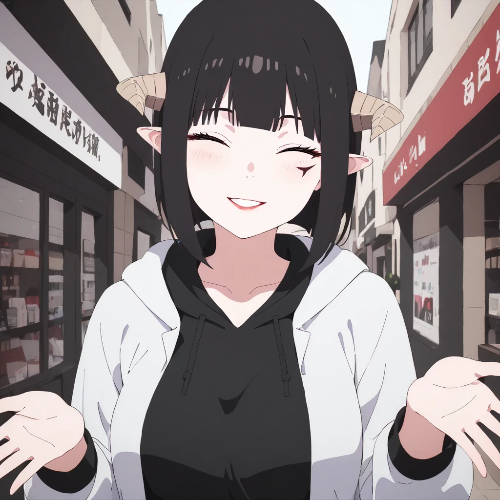 (masterpiece,  ultra-detailed,hi-res,8K), 1girl ,indoor,look at viewer,   TorcherTorture, upper body,shopping street,smile,close eyes,reach out  hand,face mark,black hair,hoodie