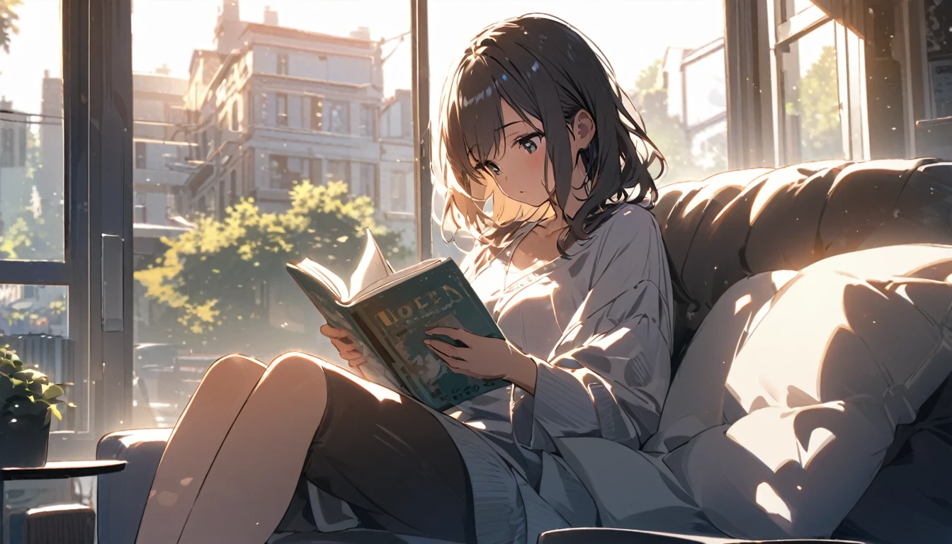 Girl sitting on sofa reading a book,In front of a large window,Morning sunlight,Streetscape、listen to music、