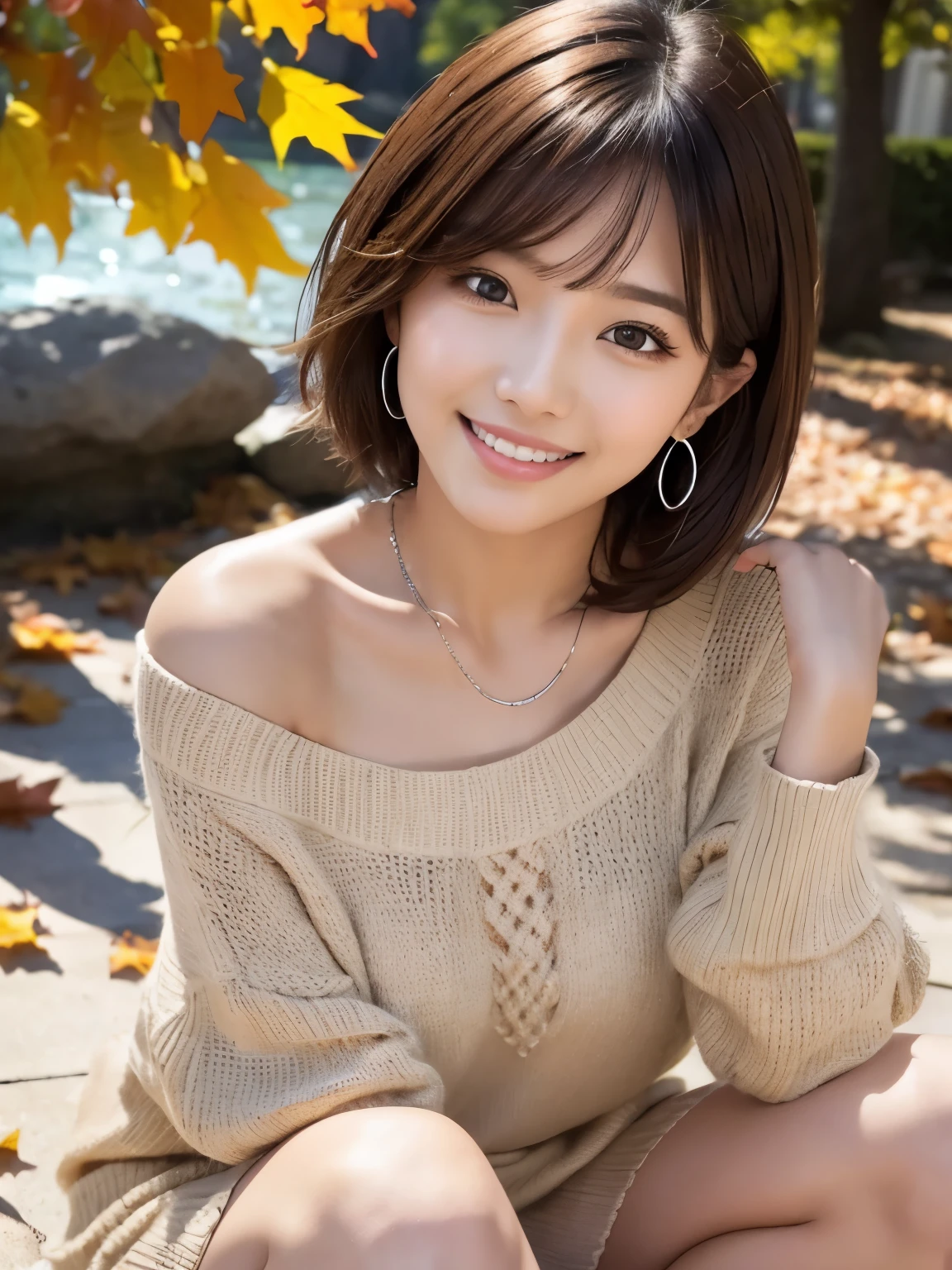 ((Beige knitted sweater、Beige mini skirt)),((Highest quality)),((smile)),((short hair)),Realistic, Very detailed, In detail, ((High resolution)), 8K,((Kneeling pose)),Beautiful, well-shaped eyes,(Korean women),((sexy)),Beautiful Skin,Detailed face,(Glamour),Brunette colored hair,20th Generation,Bust size: 87cm,((autumn leaves、Fallen leaves、Vast Nature、reading))、Silver Necklace、Earrings、Bright sunshine