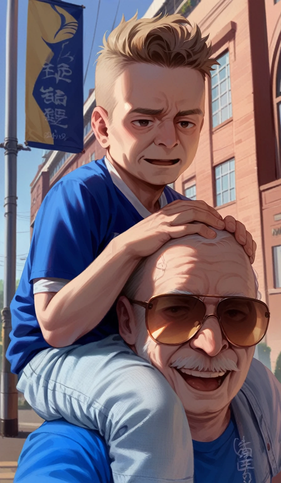 8 year old boy blond hair , blue shirt with white stripes , old man with sunglasses and blue shirt