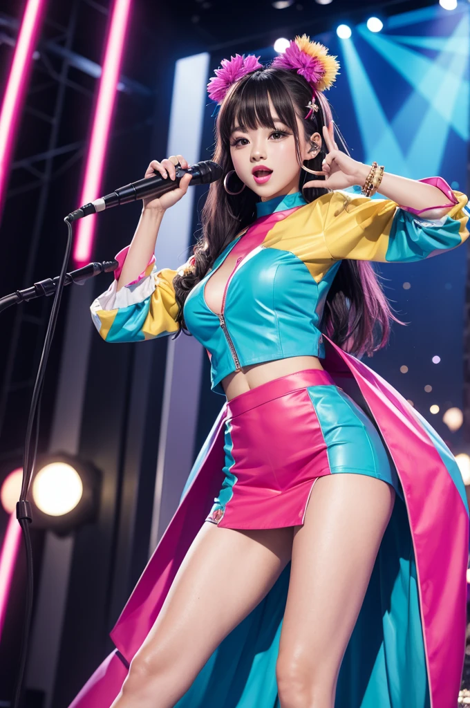 best quality, 8k, highly detailed face and skin texture, high resolution, big tits japanese girl in glitter costume dancing on stage, with neon light, under the light, sharp focus