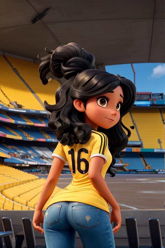 image of woman with black hair in waves, from behind watching football in the stadium with the yellow shirt of the Colombian national team personalized with the number 10 and MAY