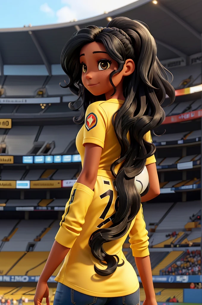 image of woman with black hair in waves, from behind watching football in the stadium with the yellow shirt of the Colombian national team personalized with the number 10 and MAY