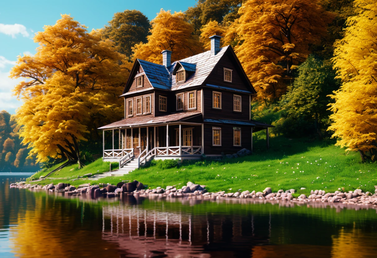 Abandoned house make from chocolate candy by the lake,landscape, water, (8k wallpaper of extremely detailed CG unit), most beautiful works of art in the world, majestic oil painting professional, intricate, high detail, sharp focus, dramatic and photorealistic painting art