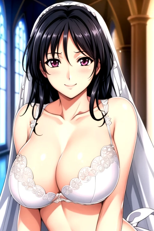 white bra, white underwear, church, bride,white bra,white underwear, lace,veil, Black Hair, bow, Weaving,Long hair,Purple Eyes,1 girl, 20 years old,Young women,beautiful Finger,beautiful long legs,beautiful Body,beautiful Nose,beautiful character design, Perfect eyes, perfect Face,Expressive eyes, Looking at the audience, In the center of the image,(superior_Body),(Focus on her Face), Official Art,Extremely detailed CG unity 8k wallpaper, Perfect lighting,rich and colorful, bright_front_Face_light,Glowing skin, (masterpiece:1.0),(the best_quality:1.0), 超high resolution,4K,Extremely detailed, photography, 8K, Human Development Report, high resolution, absurd:1.2, Kodak Portra 400, Film Grain, Blurred background, Bokeh:1.2, lens flare, (Energetic_color:1.2) (beautiful_breast:1.3), (beautiful_Face:1.5),(narrow_waist), smile, happy, full body, 苗条的Body，Perfect hands, Clean fingers, Perfect fingers,full hand