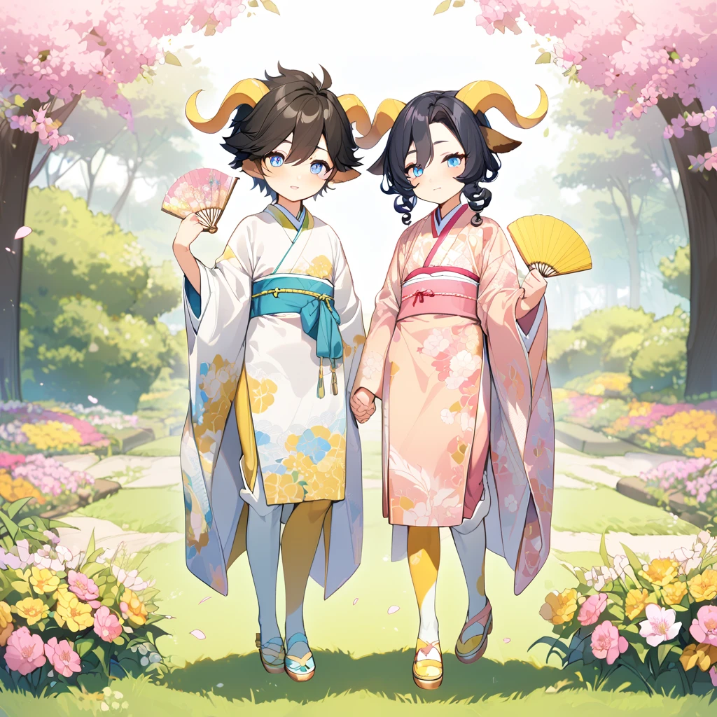 1goat boy, androgynus body, goat ears, yellow horns, short curly black hair, pink flower on the head, perfect eyes, blue eyes, serene face, yellow necklace, pink kimono with yellow flowers print, long white stockings, yellow shoes, fan hand in the hand, big ass, flowers garden background