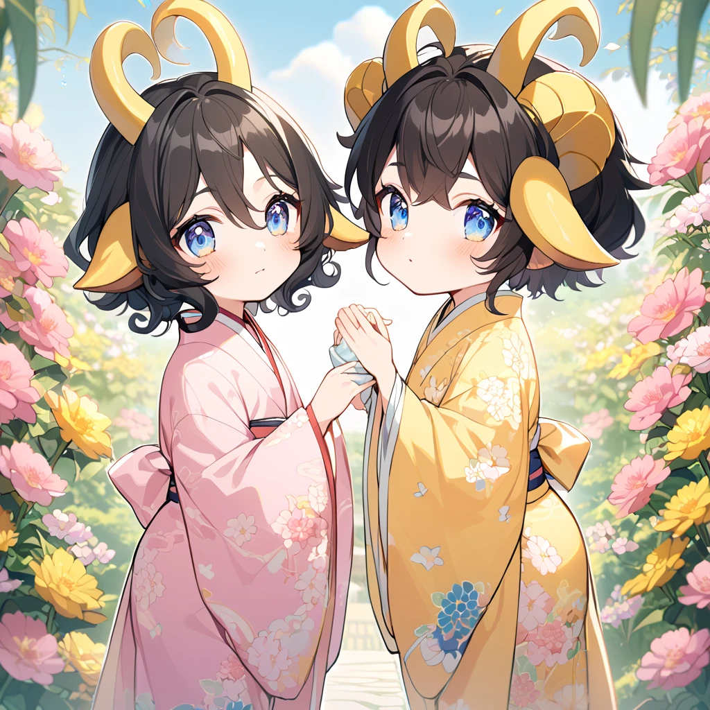 1goat boy, androgynus body, goat ears, yellow horns, short curly black hair, pink flower on the head, perfect eyes, blue eyes, serene face, yellow necklace, pink kimono with yellow flowers print, long white stockings, yellow shoes, fan hand in the hand, big ass, flowers garden background
