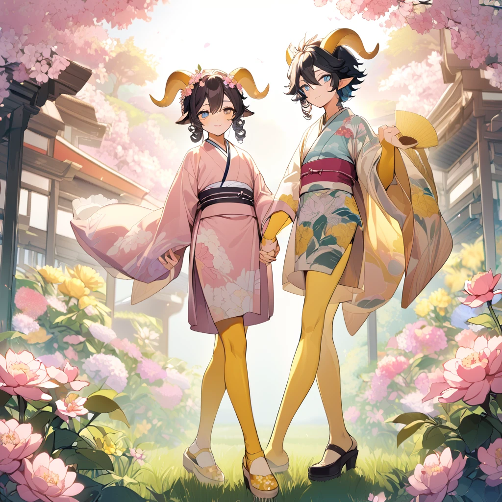 1goat boy, androgynus body, goat ears, yellow horns, short curly black hair, pink flower on the head, perfect eyes, blue eyes, serene face, yellow necklace, pink kimono with yellow flowers print, long white stockings, yellow shoes, fan hand in the hand, big ass, flowers garden background