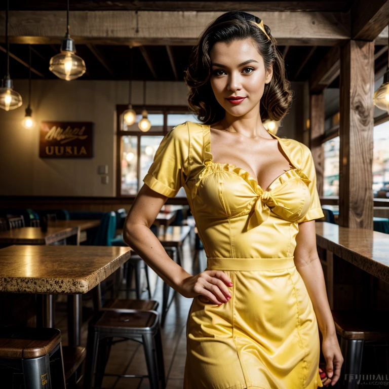 Retro Cam. Veruschka, restaurante, waitress uniform, yellow, pin-up, vintage dress, 22 years old, perfect body, 40's, perspective, half body detail, sharp focus, light mix, detail, 50's, (high skin detail: 1,2), 8k hd, Wallpaper, DSLR, Luz outfit, high quality, Fujifilm XT3 Grainy Films.